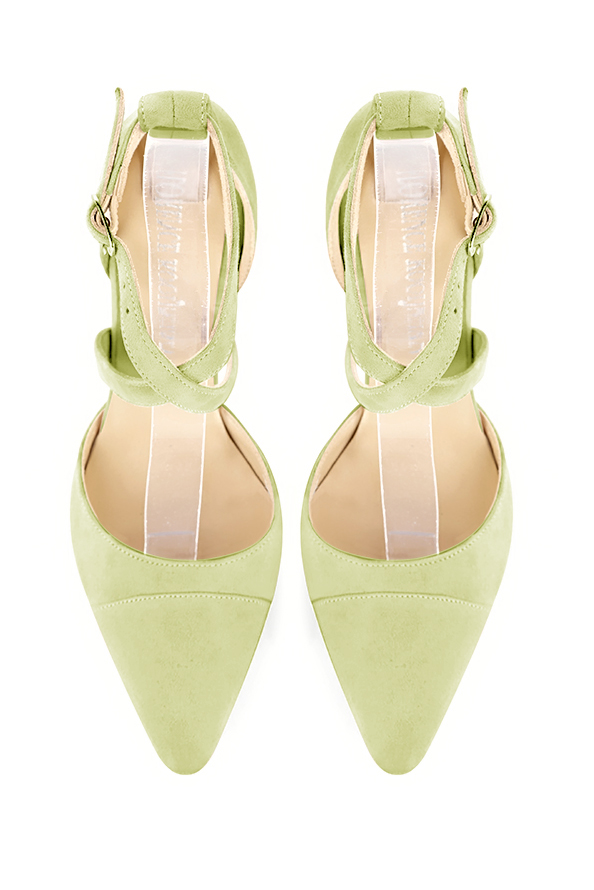 Meadow green women's open side shoes, with crossed straps. Tapered toe. Medium spool heels. Top view - Florence KOOIJMAN